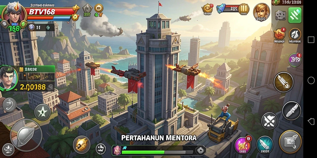 Gameplay BTV168 memperlihatkan menara yang melawan gelombang musuh.