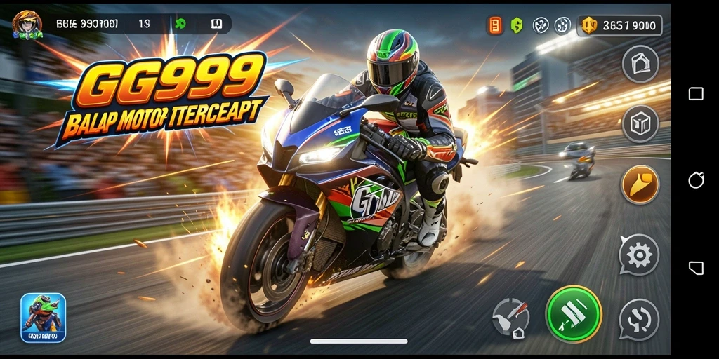 Tampilan gameplay GG999 yang penuh aksi dan kecepatan motor.