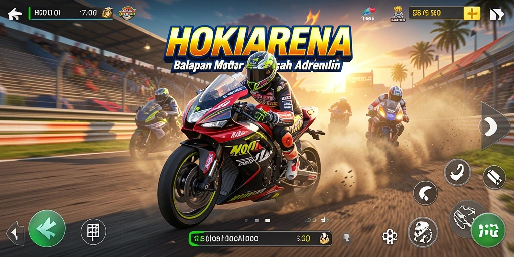 Screenshot HOKIARENA menampilkan aksi balap motor yang menarik.
