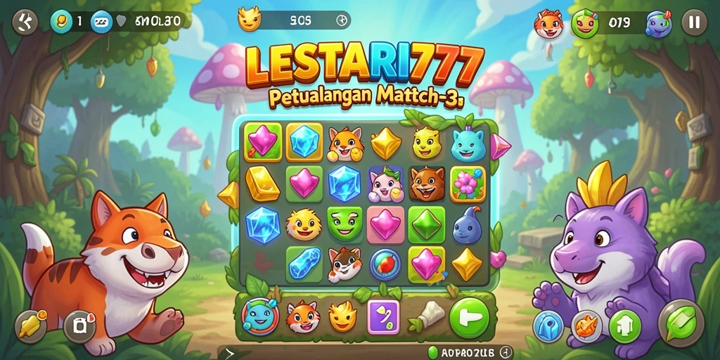 Screenshot gameplay seru LESTARI777 dengan elemen Match-3 yang cerah.