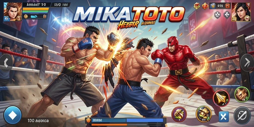 Tangkapan layar MIKATOTO yang menunjukkan pertarungan epik antara karakter.