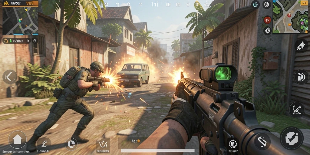 Tangkapan layar utama V98 menampilkan aksi pertempuran seru dalam game TPS.